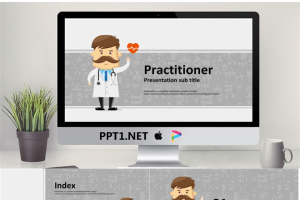 灰色卡通医生背景的医疗医院PPT模板免费.pptx[共21张]