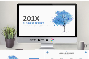 蓝色水墨画小树背景的艺术PPT模板免费.pptx[共11张]