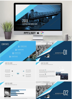 桥梁建筑背景的蓝色欧美PPT模板免费.pptx[共20张]