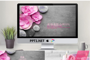 粉色鲜花鹅卵石背景的美容养生PPT模板.pptx[共22张]