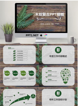 木纹绿色叶子背景的工作计划PPT模板.pptx[共16张]