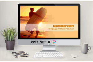 金色沙滩背景的夏日冲浪幻灯片模板.pptx[共5张]